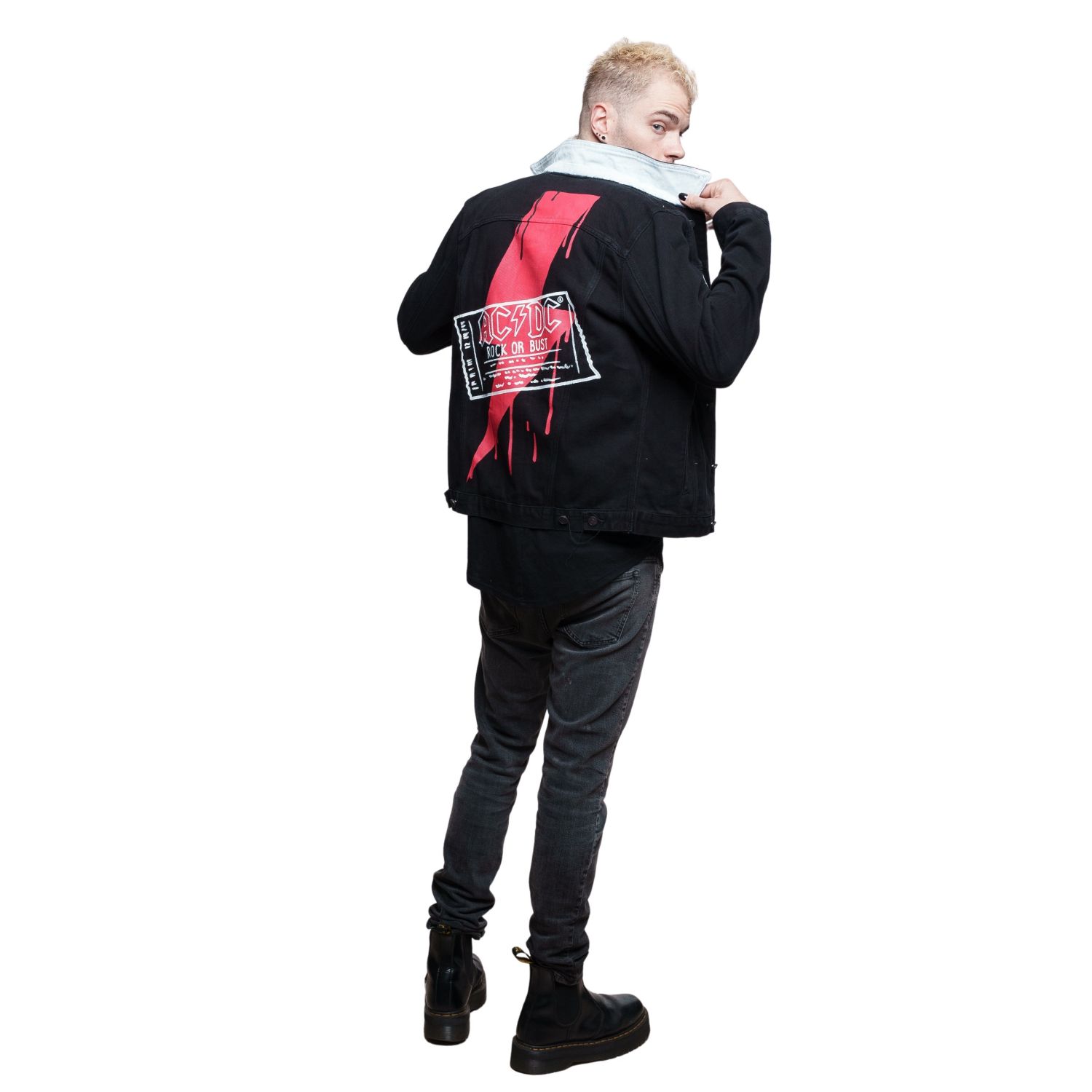Vintage AC/DC Hand-Painted Denim Jacket for Men